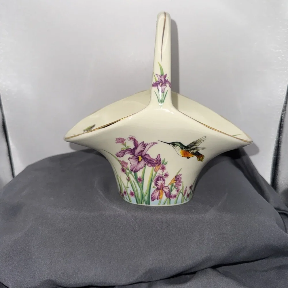 Porcelain Hummingbird Floral Basket Candy Dish Bowl Vase Planter 7.5